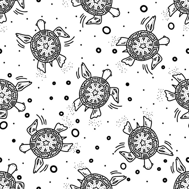 Hand drew doodle style seamless pattern with black turtle and water bubbles on the white background. Vector illustration for wrapping, wallpaper or textile design. - Vetor, Imagem