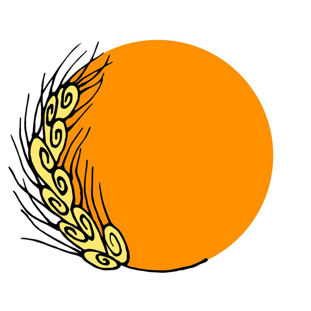 Cereali su uno sfondo del sole arancione. Logo d'autunno. La segale si contorce magnificamente. Illustrazione organica. Progettazione vettoriale isolata. Logo creativo aziendale. Simbolo biologico. Fondo bianco
 - Vettoriali, immagini