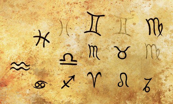 Hand drawn horoscope astrology symbols, sepia color. - Photo, Image