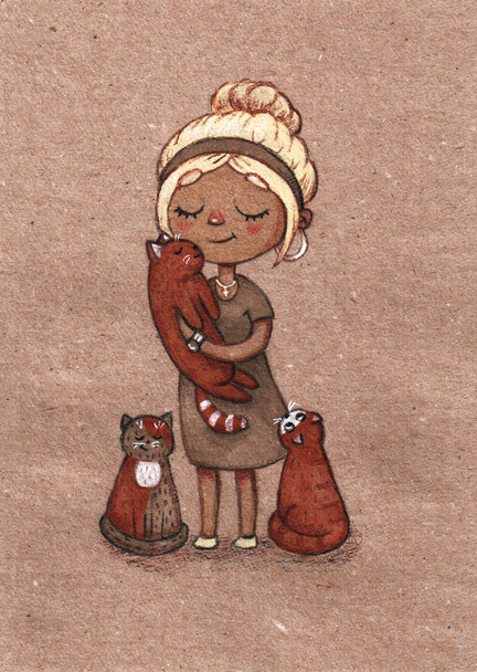 Cute blond włosy dziewczyna z trzema kot. Ilustracja znaczników dla dzieci - Zdjęcie, obraz