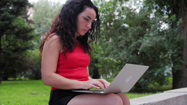 Mulher trabalhando no laptop, Morena atraente em um shorts preto com um trabalho de laptop no parque, impressões de menina em seu computador ao ar livre
. - Filmagem, Vídeo