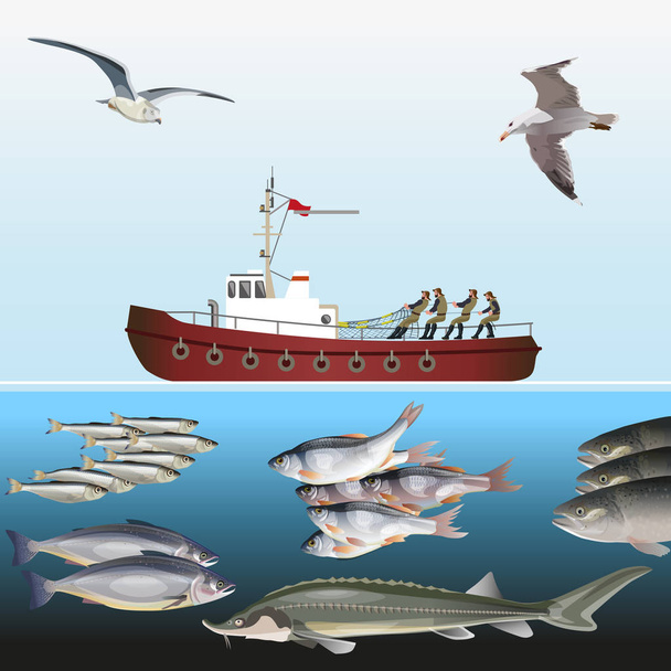 Fishing vessel in the sea - ベクター画像