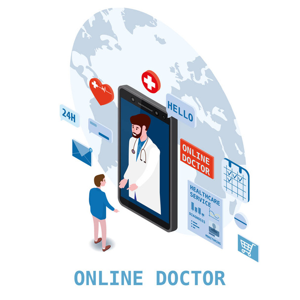 Doctor online isometry healthcare and medical consultation using a smartphone technology. Patient men and doctor character icons medical health concept. Flat isometric vector illustration baner poster - Vector, Image