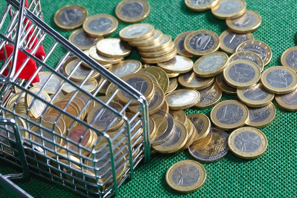 Euro coins and shopping basket on green background - Photo, Image
