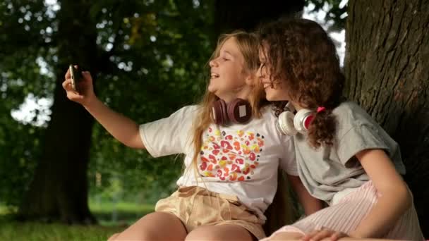 Mooie gelukkige meisjes zusters studenten zitten in het park buiten op gras. Ze hebben een rust met een Selfie door de mobiele telefoon met duimen omhoog gebaar. - Video