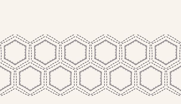 Decorative running stitch embroidery border. Victorian hexagon needlework pattern. Hand drawn ornamental textile ribbon. Ecru cream home decor edging. Monochrome honeycomb seamless vector background - Vector, Image