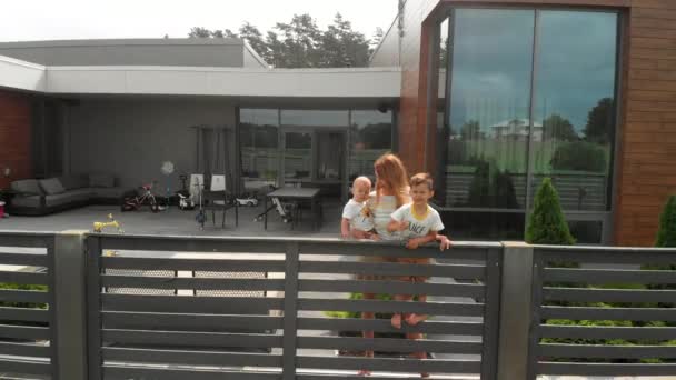 Antenne: jonge moeder met haar baby jongen zoon broers tijdens hun vrije tijd in hun tuin-familie waarden warme kleur zomer scène drone top schot van bovenaf - Video