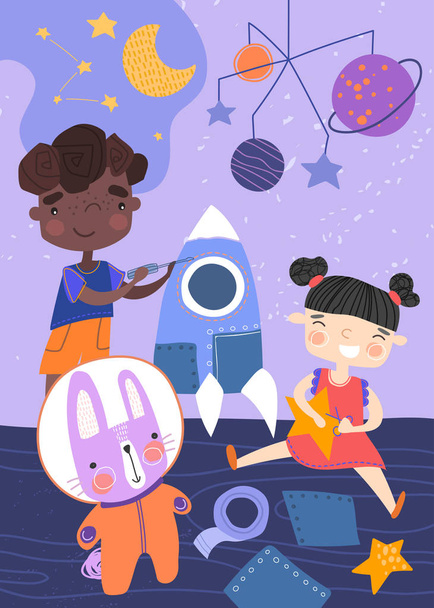 Dwoje małych dzieci bawią się z kosmicznym, gwiazd i planet i królika w garnitur astronauta w ich przedszkolu w kolorowe ilustracji wektor kreskówka. - Wektor, obraz