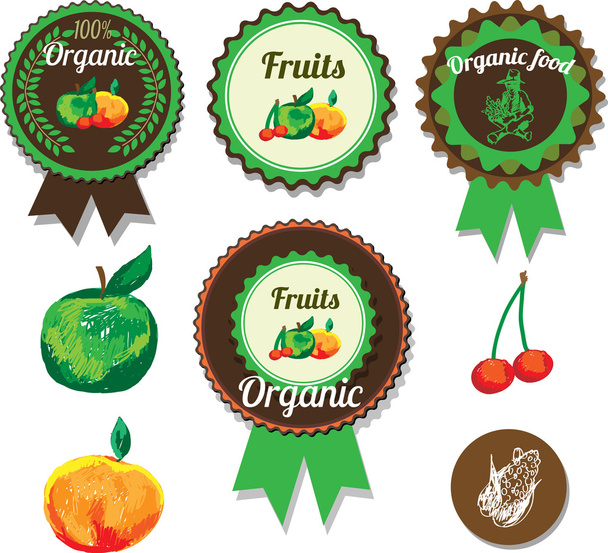 Conjunto de rótulos de frutos vetoriais orgânicos, adesivos e elementos
 - Vetor, Imagem