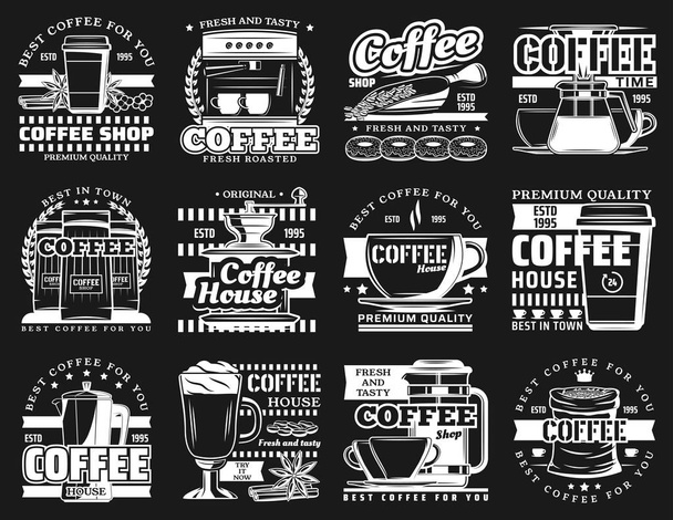 Coffee cups, espresso machine, latte mugs, beans - Вектор, зображення