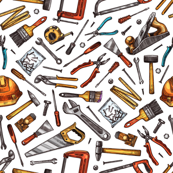 Tools seamless pattern of hammer, screwdriver, saw - Wektor, obraz
