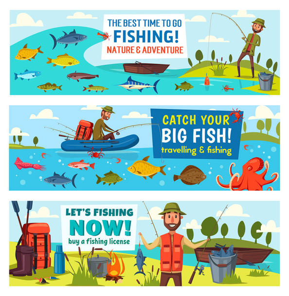 Fisherman, fish, fishing rod, boat and equipment - Vector, Image