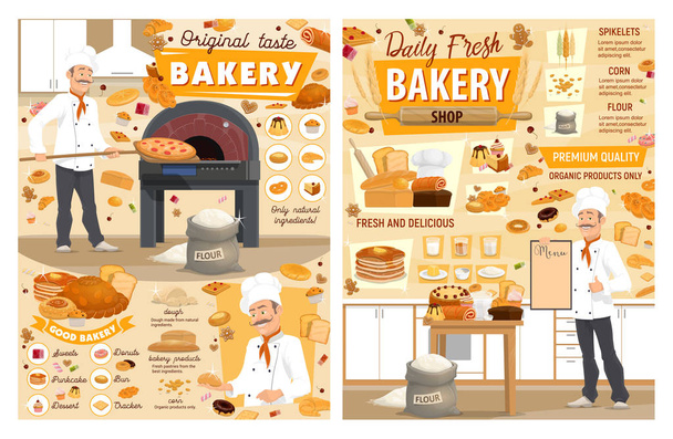 Bakery pastries, bread, cake, baker, sweet dessert - Vector, Image
