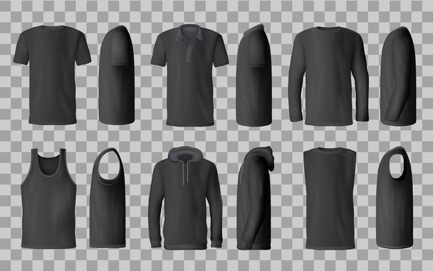 Siyah t-shirt şablonları, polo, sweatshirt, kapüşonlu - Vektör, Görsel