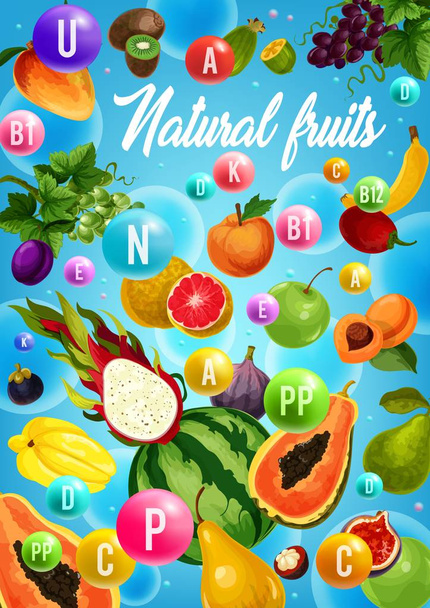 Βιταμίνες για τα φρούτα και τα τροπικά μούρα. Υγιεινή διατροφή - Διάνυσμα, εικόνα