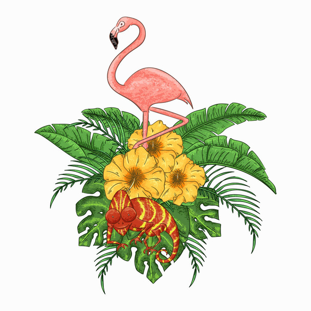 Flamingo i zaproszenie na imprezę kameleon. Tropikalny plakat hawajski. - Wektor, obraz