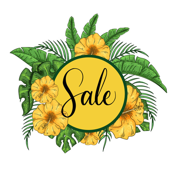 Tropical sale poster with hibiscus and exotic palm leaves. Template design. - Vector, Image