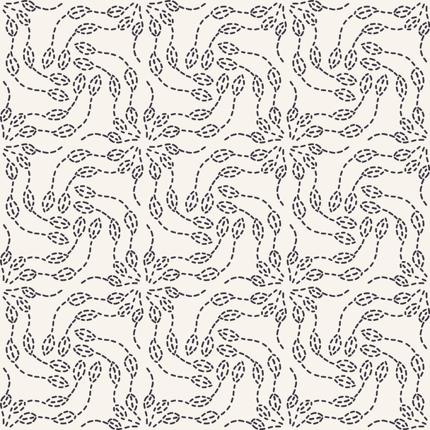 Leaf futó Stitch hímzés mintát. Egyszerű kézlemunka varrat nélküli vektor háttér. Kézzel rajzolt geometriai virág mozaik textil Print. Ecru krém kézműves lakberendezés. Monokróm sashiko stílus. - Vektor, kép