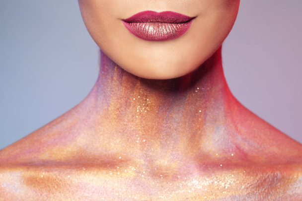 Sexy young woman with glitter makeup on grey background, closeup - Photo, image