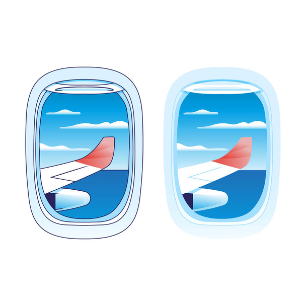 μπλε θέα στο σύννεφο από το επάνω μέρος του παραθύρου του αεροπλάνου, το παράθυρο του αεροπλάνου με την πτέρυγα του αεροσκάφους είναι ορατό πίσω από αυτό - Διάνυσμα, εικόνα