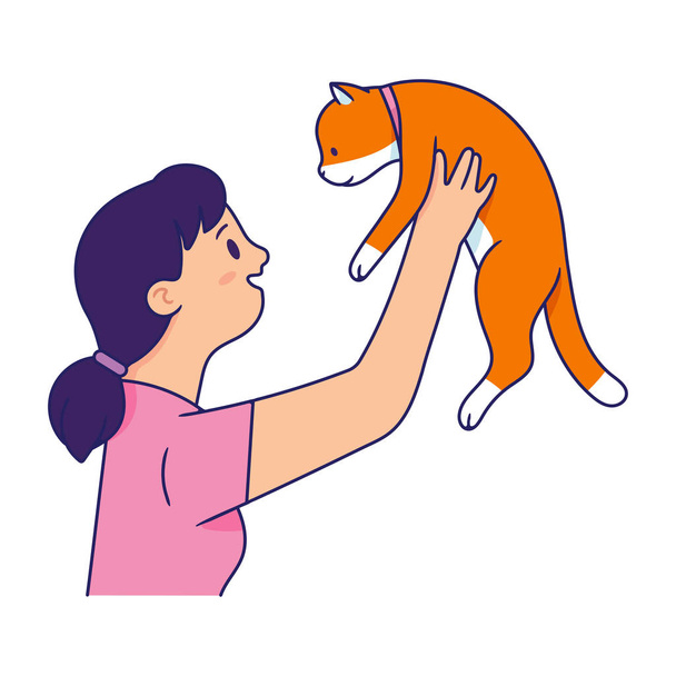 junge Frau, die eine Katze trägt, junge Frau zieht die Katze groß und lächelt, als sie die Katze, Frau und Ingwerkatze sieht - Vektor, Bild