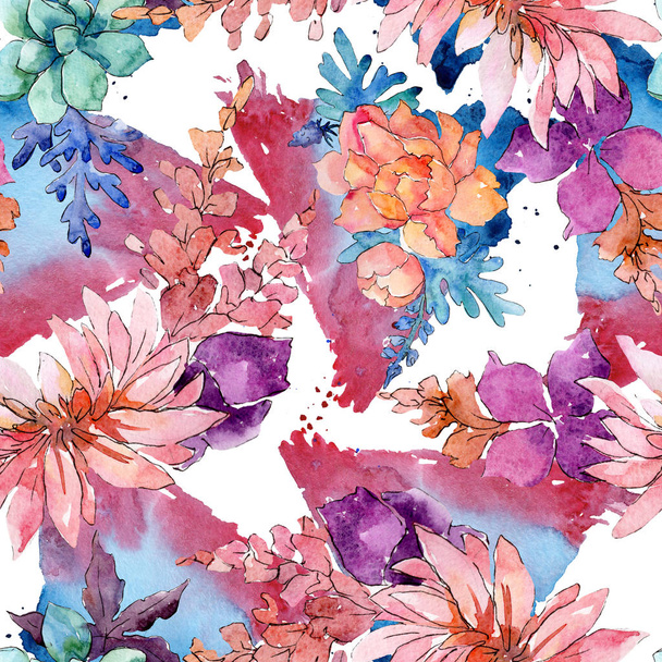 Floral botanical flowers composition. Watercolor background illustration set. Seamless background pattern. - Foto, afbeelding