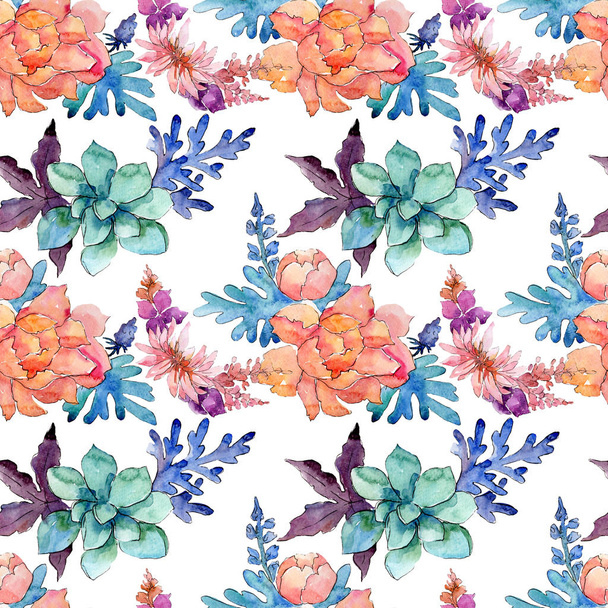Floral botanical flowers composition. Watercolor background illustration set. Seamless background pattern. - Фото, изображение