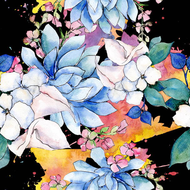 Bouquet loral botanical flowers. Watercolor background illustration set. Seamless background pattern. - Foto, imagen