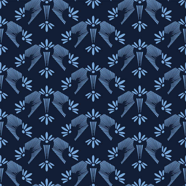 Indigo blue flower motif Japanese style. pattern. Hand drawn dyed floral damask textiles. Decorative art nouveaux home decor. Modernist trendy monochrome all over print. Seamless vector swatch. - Vector, imagen