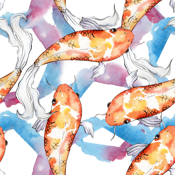 Aquatic underwater colorful tropical goldfish set. Watercolor background illustration set. Seamless background pattern. - Foto, immagini