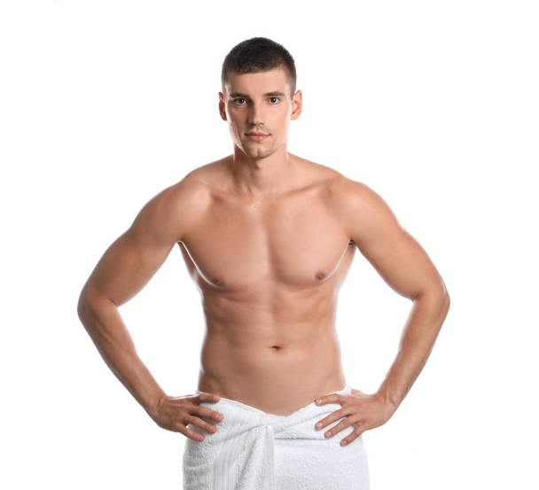 Young man with slim body on white background - Foto, Imagen
