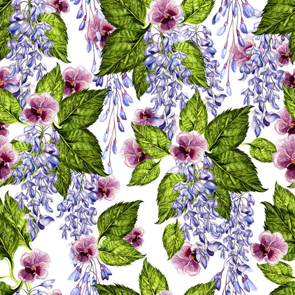 Heldere aquarel naadloze patroon met Violet en blauweregen bloemen.  - Foto, afbeelding