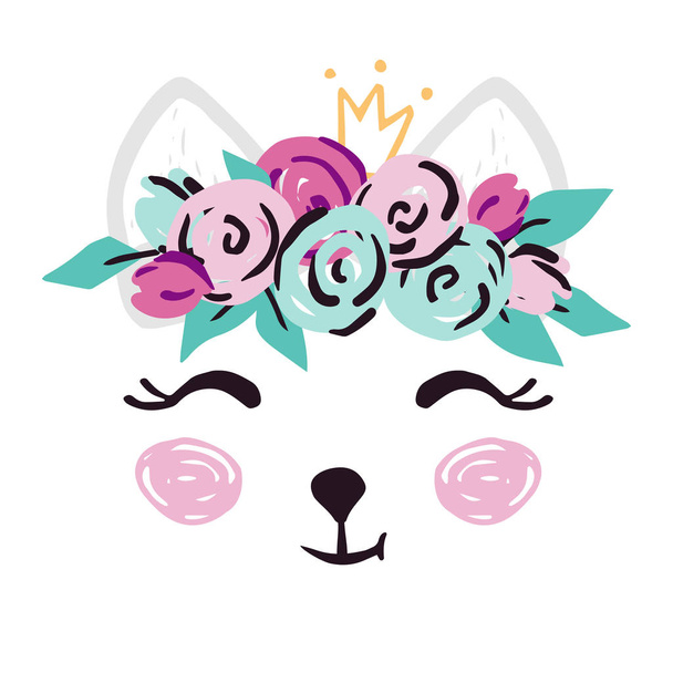 Loup bébé fille visage imprimé mignon. Douce princesse louve tête avec fleur et couronne
 - Vecteur, image