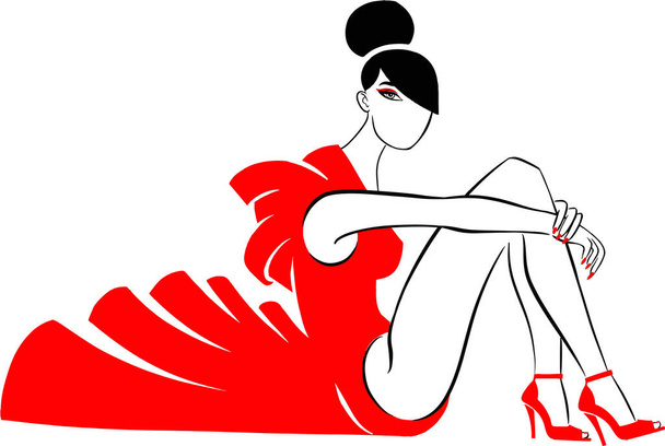eautiful fashionable girl in a long red dress - Vector, Image
