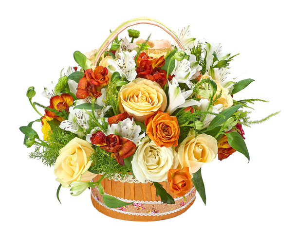 bouquet basket of roses mix decorative on a white background - Photo, Image
