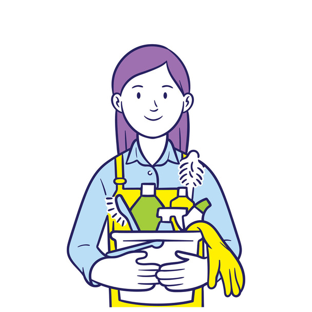 женщины с оборудованием для уборки, профессиональный персонал уборки, домохозяйки с чистым оборудованием дома
 - Вектор,изображение