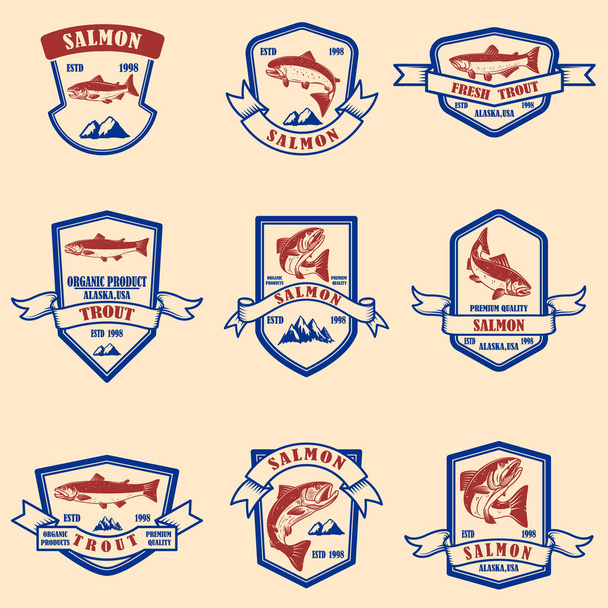 Set of salmon and trout emblems. Design element for logo, label, sign, poster, banner.  - Vektör, Görsel