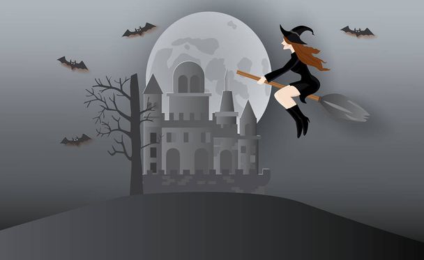 Wizard girl sitting on broom with bats. - Vector, Image