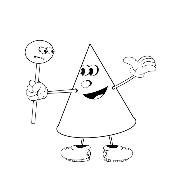 Um cone engraçado segura em sua mão um doce em um pau e sorri. Coloração engraçada no estilo de quadrinhos
. - Vetor, Imagem