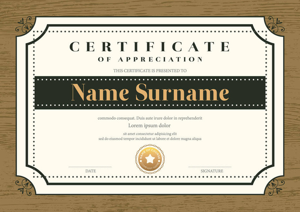 Certificate template with vintage frame on wooden background. Certificate of appreciation, award diploma design template. Vector illustration - Vector, Image