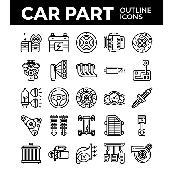 Ícones de contorno de peças de veículo e carro. Pixel ícone de alinhamento perfeito
 - Vetor, Imagem