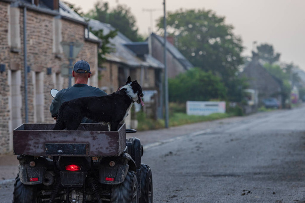 homem carregando seu cão em um quadriciclo
 - Foto, Imagem