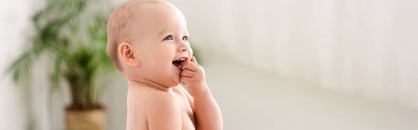 Панорамный снимок милого маленького ребенка, улыбающегося и берущего руку в рот
 - Фото, изображение
