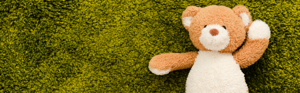 Panoramische foto van pluche teddybeer op groene zachte tapijt - Foto, afbeelding