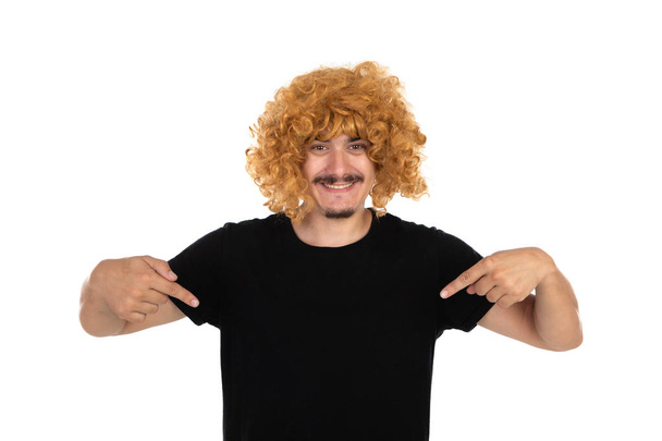 Man with a mustache wearing a woman's wig - Foto, Imagen