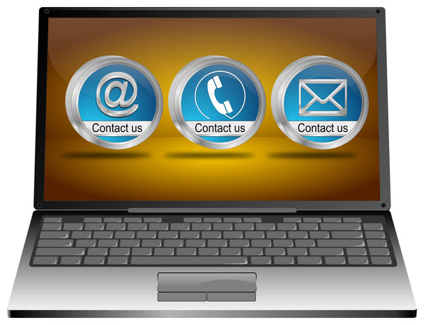 Laptop met drie blauwe Contacteer ons knoppen op oranje Desktop-3D illustratie  - Foto, afbeelding