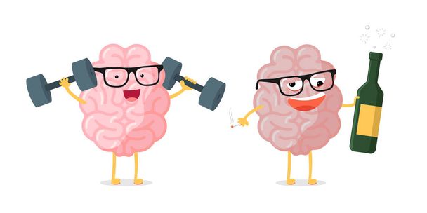 Hauska sarjakuvahahmo aivot pari terve vs epäterveellistä. Vertailu ihmisen anatomia sisäelinten maskotti onnellinen fiksu kanssa dumbells ja humalassa alkoholin pullo ja savuke. Vektoriesimerkki
 - Vektori, kuva