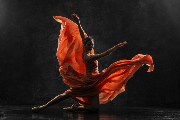 Ballerina. Silhouette photo of a young  ballet dancer dressed in a long peach dress, pointe shoes with ribbons. The girl performs an graceful dance movement. Beautiful classic ballet. Ballet studios. - 写真・画像