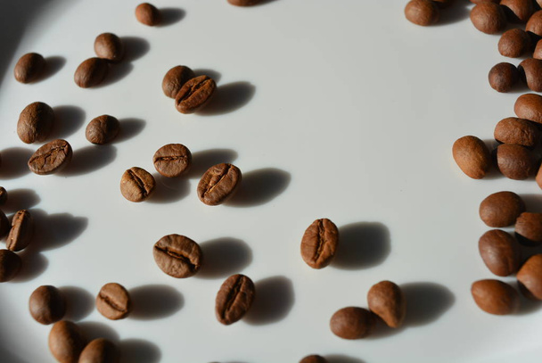 白いガラス板の上に混沌としたコーヒー豆がプレート全体に美味しい穀物を置いた. - 写真・画像