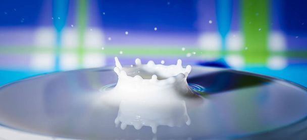 Fresh milk droplet isolated on interesting colourful background  - 写真・画像
